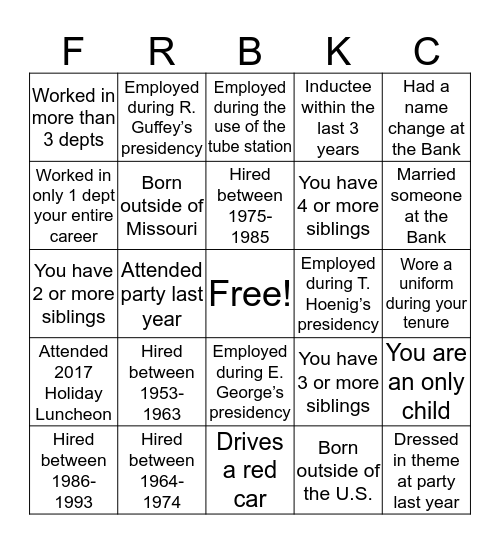 25 Year Club Spring Social Bingo Card