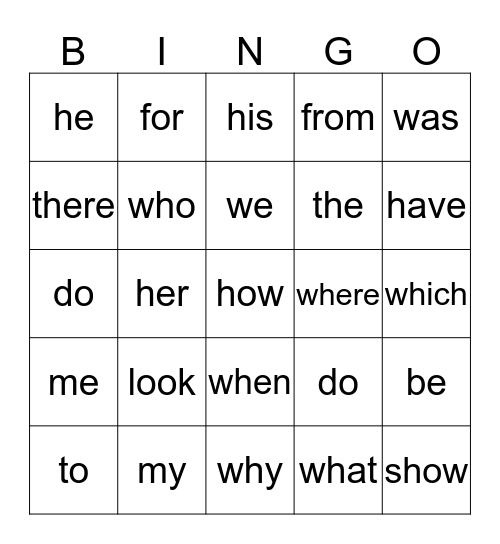 Memory Words Bingo Card