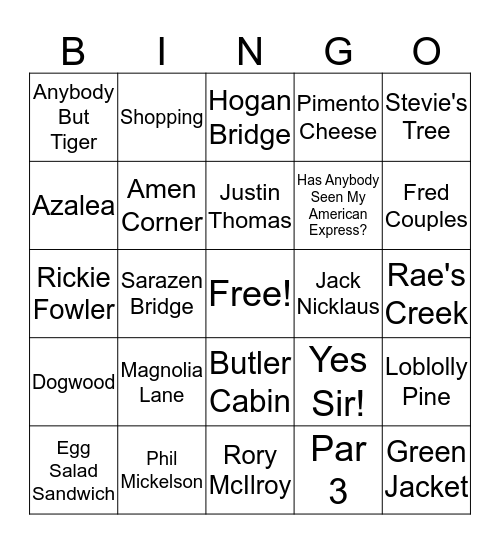 Masters Bingo Card