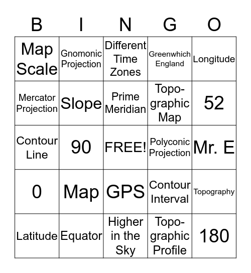 Mapping and Topography Review Bingo Card