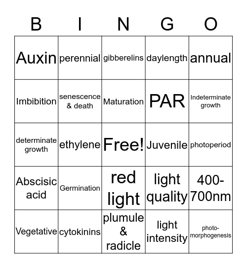 Plant Growth and Development Bingo Card