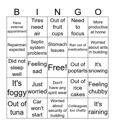 Work Excuse Bingo Card