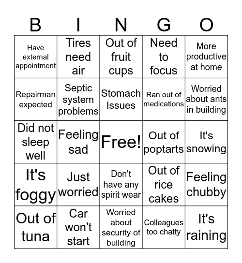 Work Excuse Bingo Card