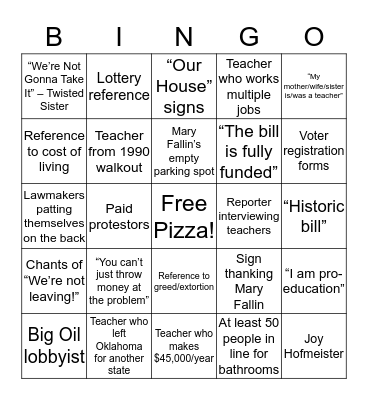 Oklahoma Teacher Walkout Bingo Card