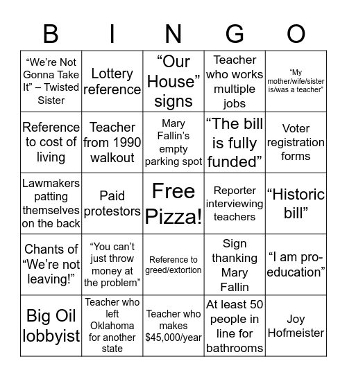 Oklahoma Teacher Walkout Bingo Card