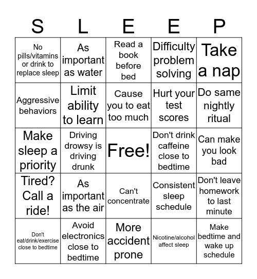 Teens & Sleep Bingo Card