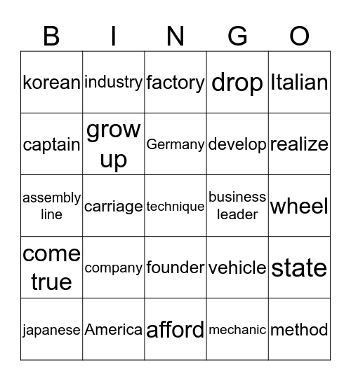 Unit 12 Garam Bingo Card