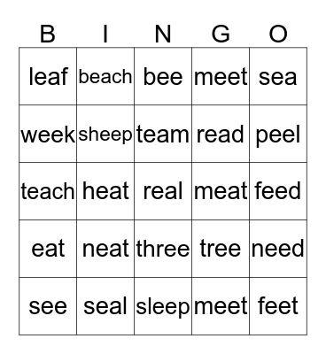 Long Vowel Digraphs ea, ee Bingo Card