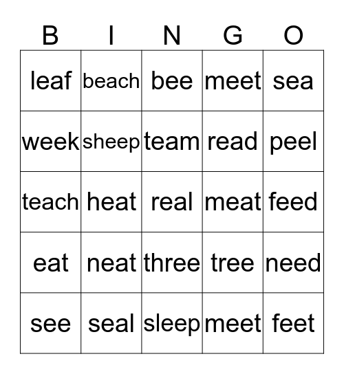 Long Vowel Digraphs ea, ee Bingo Card