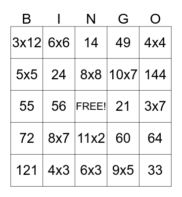 Multiplication Facts Bingo Card