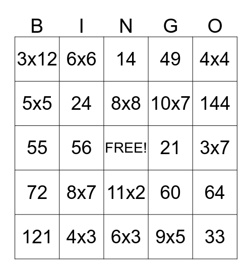 Multiplication Facts Bingo Card