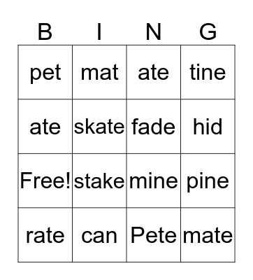 Silent E Bingo Card