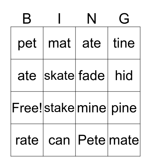 Silent E Bingo Card