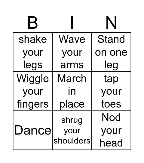 Body Actions Bingo Card