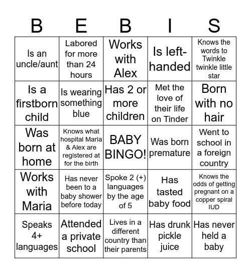Baby Shower BINGO! Bingo Card