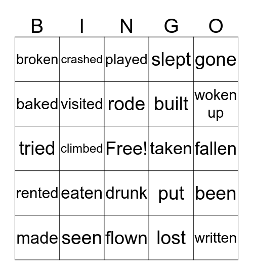 Past participle of the Verb Bingo Card