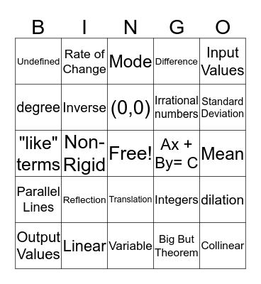 Algebra Vocabulary Bingo Card