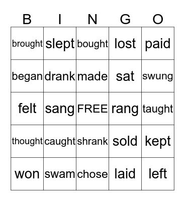 Irregular Verbs Bingo Card