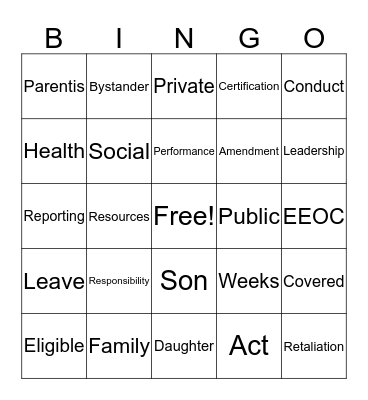Human Resource Polices Bingo Card