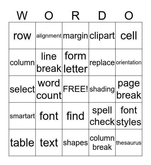 Microsoft Word 2010 Bingo Card