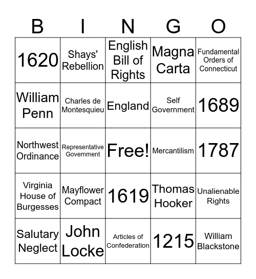 Representative Government Bingo Card