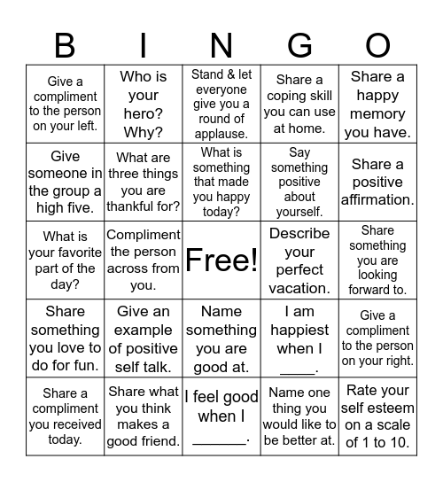 Self Esteem Bingo Card