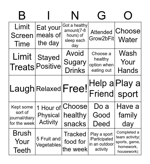 Healthy Bingo Card