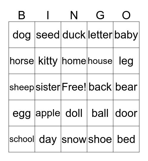 Dolches Nouns Bingo Card
