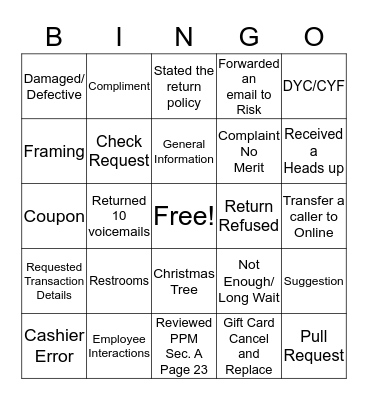 Customer Service Bingo Card