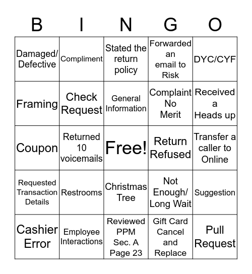 Customer Service Bingo Card