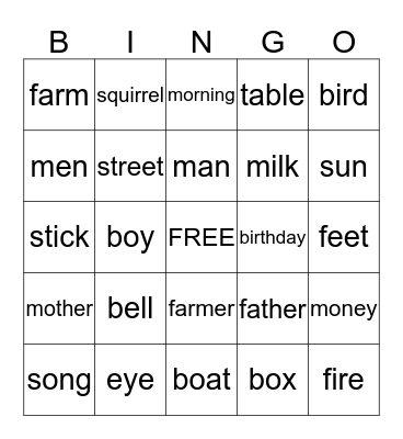 Dolche Nouns 25- Bingo Card