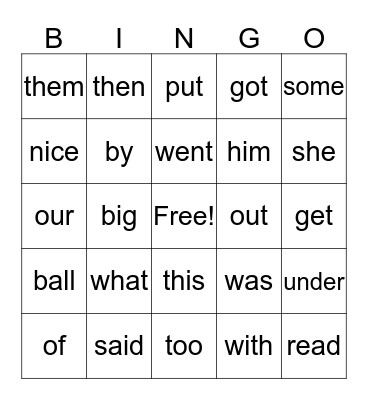 Sight Words Bingo Card