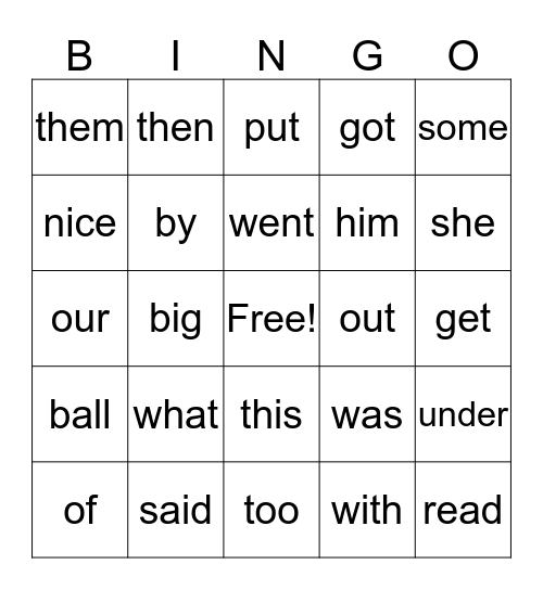 Sight Words Bingo Card
