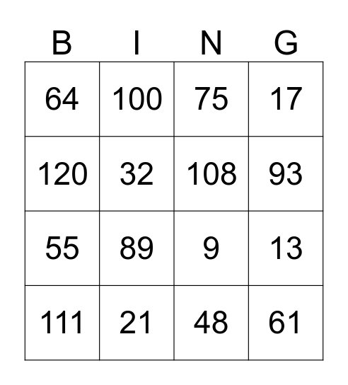 Number Bingo Card