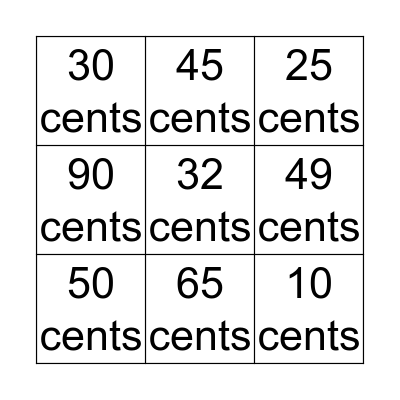 Coin Value Bingo Card