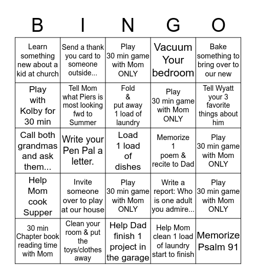 Ethan Homeschool Challenge Bingo Card