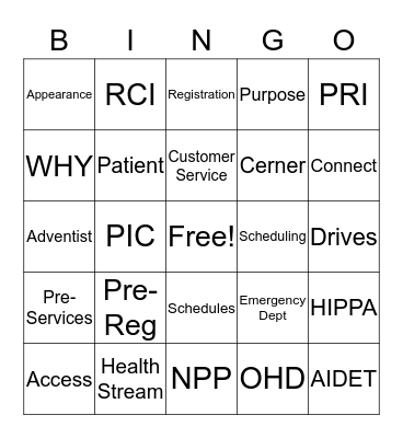 Patient Access Bingo Card