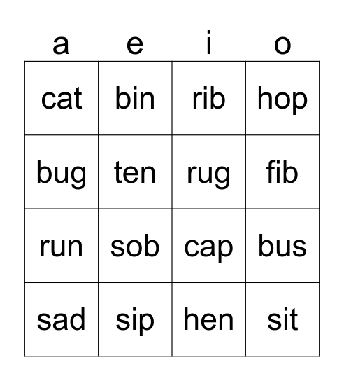 Vowels Bingo Card