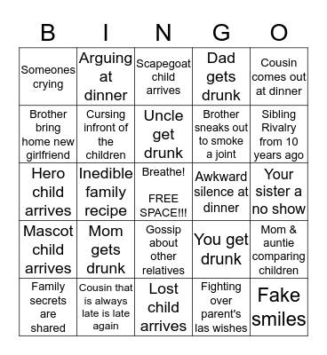 Dysfunctional Family Dinner Bingo Card