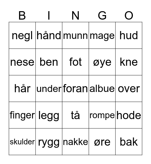 Kroppen Bingo Card