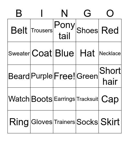 Clothes Bingo Card