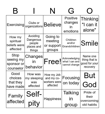 Recovery Bingo Card