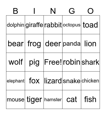 Animals Bingo Card