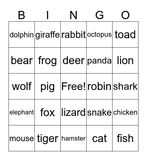 Animals Bingo Card