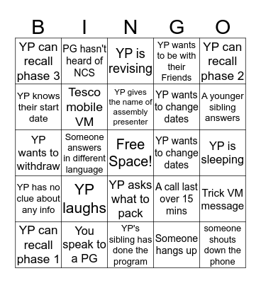Retention call BINGO! Bingo Card