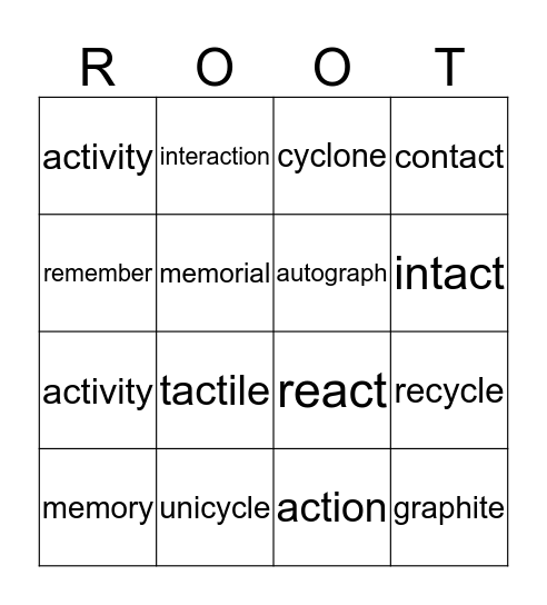 Roots 4 Bingo Card
