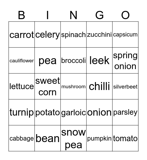 Vegetables Bingo Card