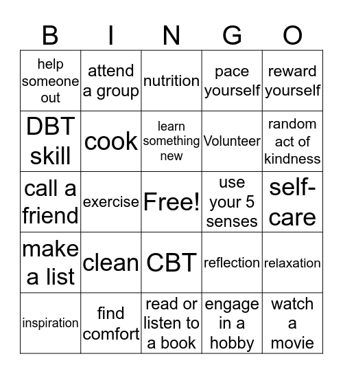 Coping Skills Bingo Card