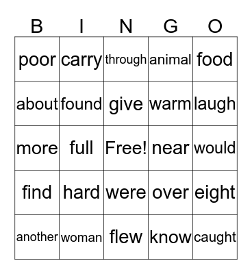 High Frequency Words Bingo Card