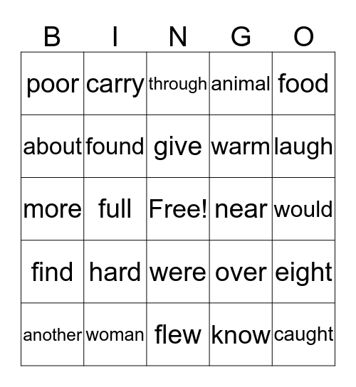High Frequency Words Bingo Card